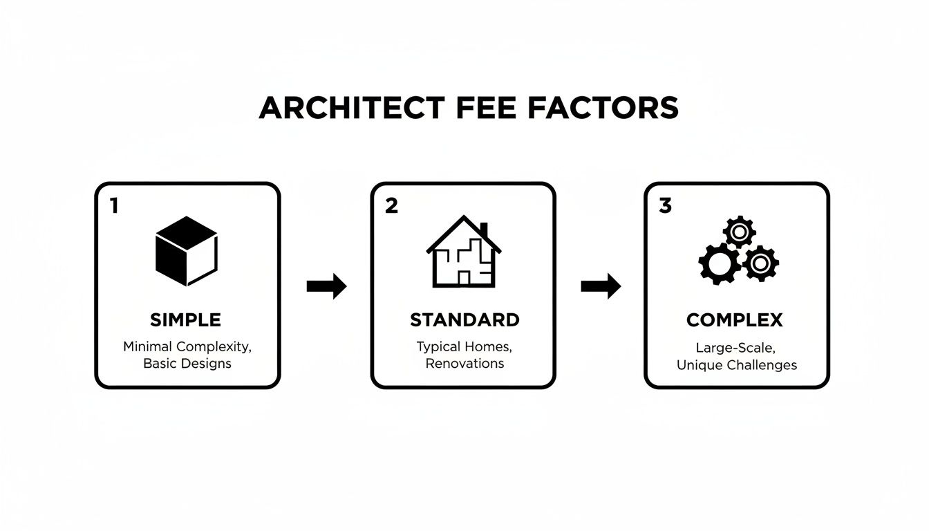 Diagram illustrating architect fee factors by project complexity: simple, standard, and complex.