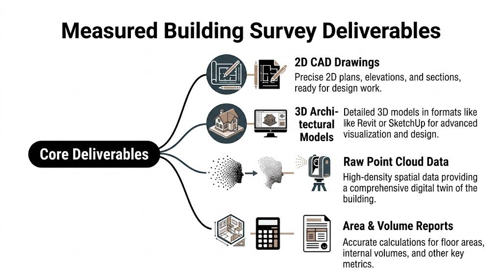 A diagram outlining core measured building survey deliverables, including 2D drawings, 3D models, point cloud data, and reports.
