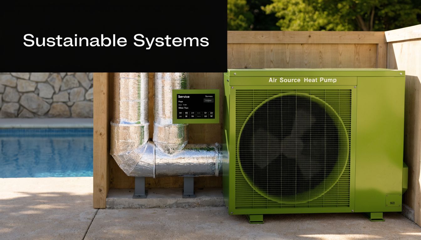 An air source heat pump installed outdoors next to a swimming pool for sustainable climate control.