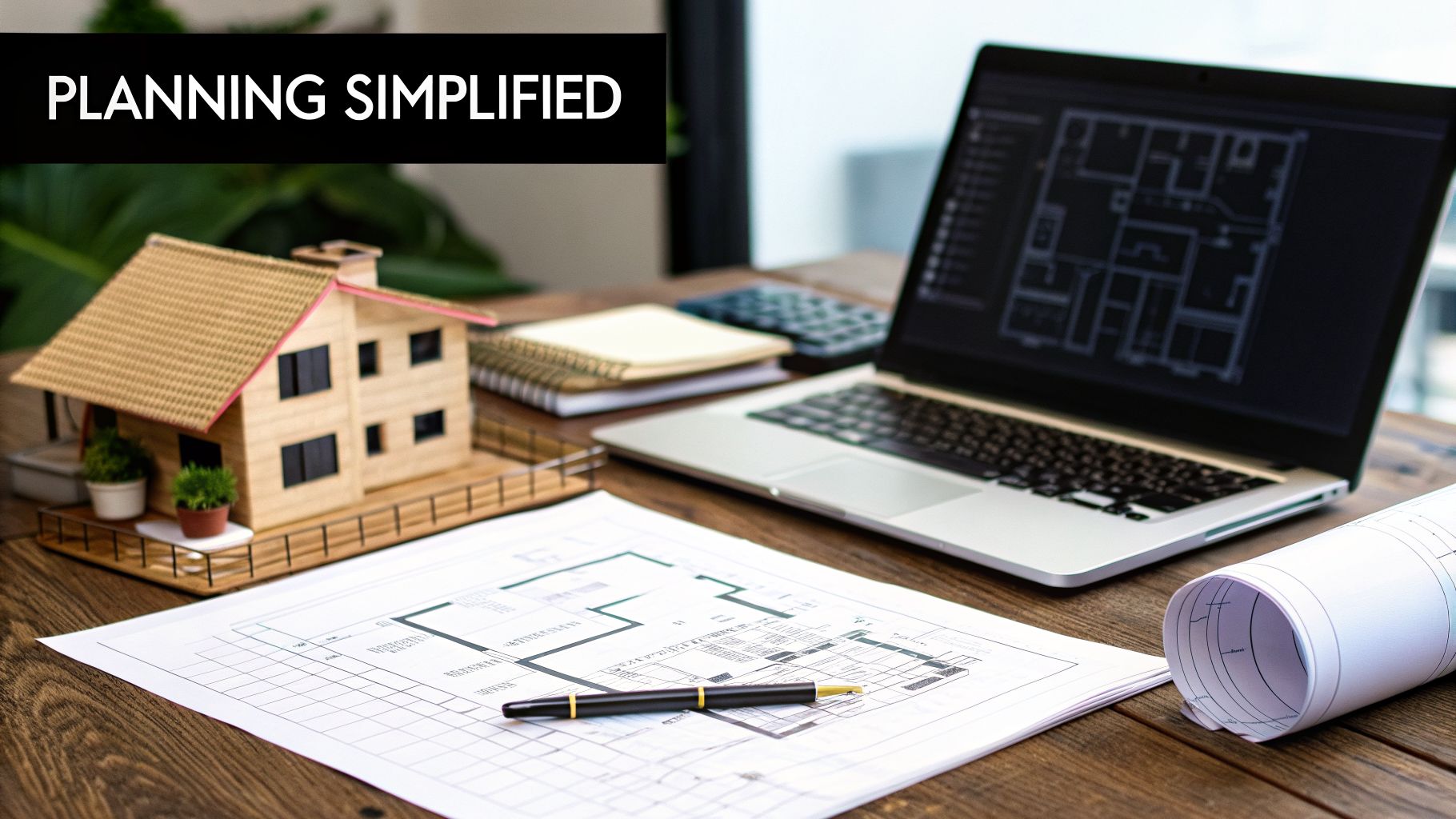 A wooden desk with architectural plans, a pen, a laptop displaying floor plans, a model house, and notebooks for simplified planning.