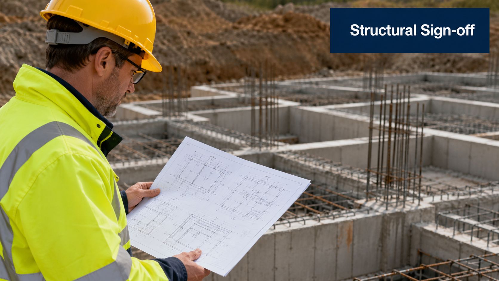 A construction engineer wearing a yellow safety helmet examines structural blueprints at a building site foundation.