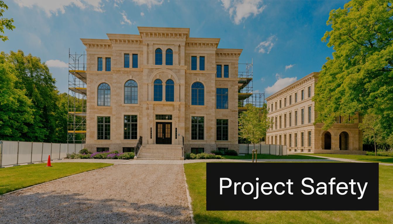 A historic stone mansion undergoing restoration with scaffolding, situated in a scenic park with lush green trees.
