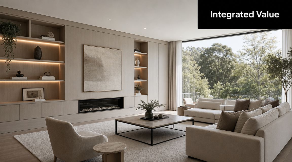 A modern minimalist living room featuring bespoke wooden joinery, a fireplace, and a large window with greenery.