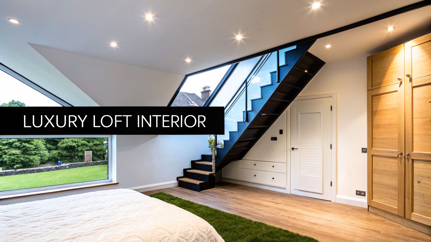 A bright, modern luxury loft bedroom with a large window, unique staircase, and wooden flooring.