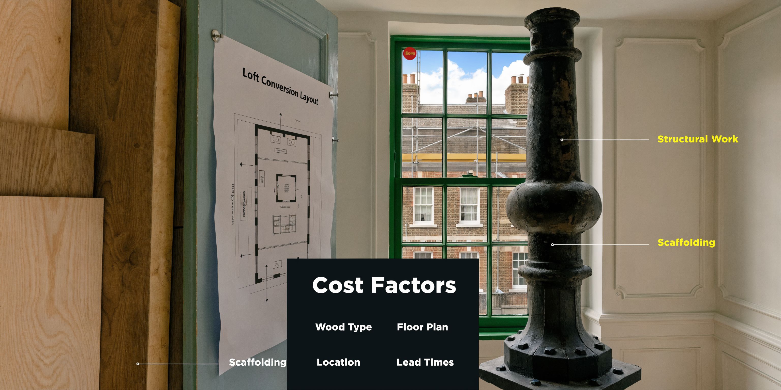 A renovation planning room showing a loft conversion floor plan, architectural blueprints, and structural support pillars.