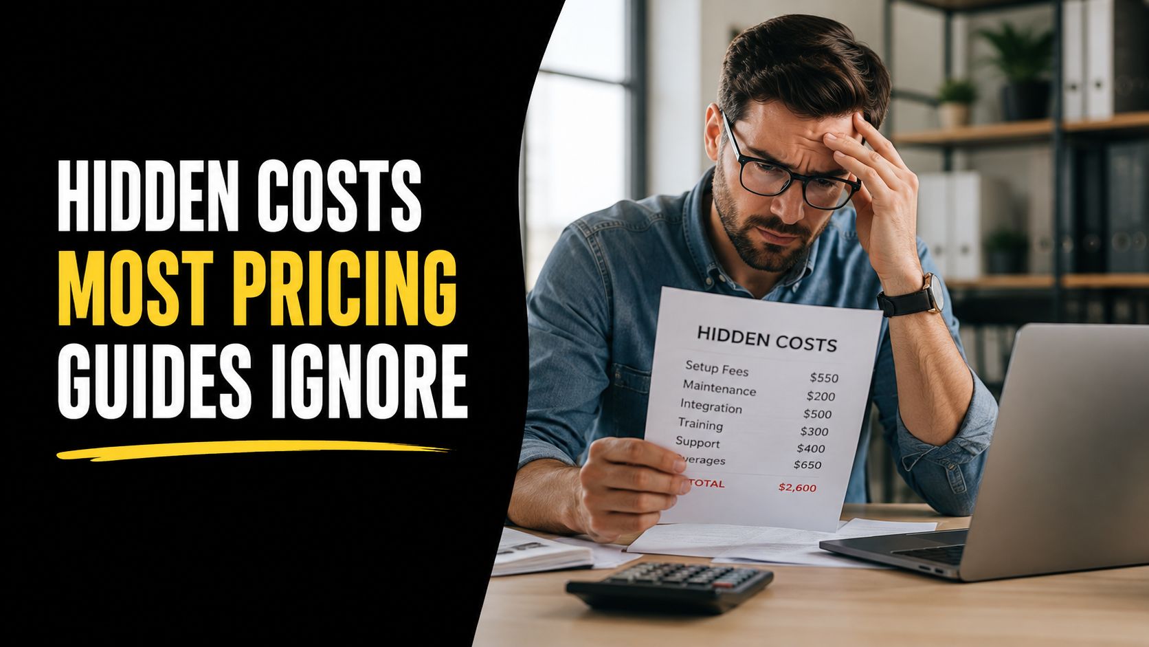 A concerned man reviewing a document listing various business hidden costs at his office desk.