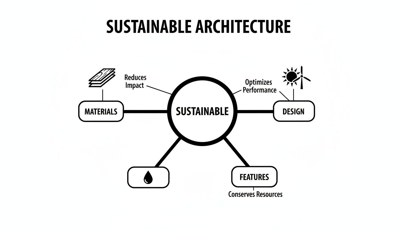 Diagram illustrating the core components of sustainable architecture, focusing on materials, design, and features.