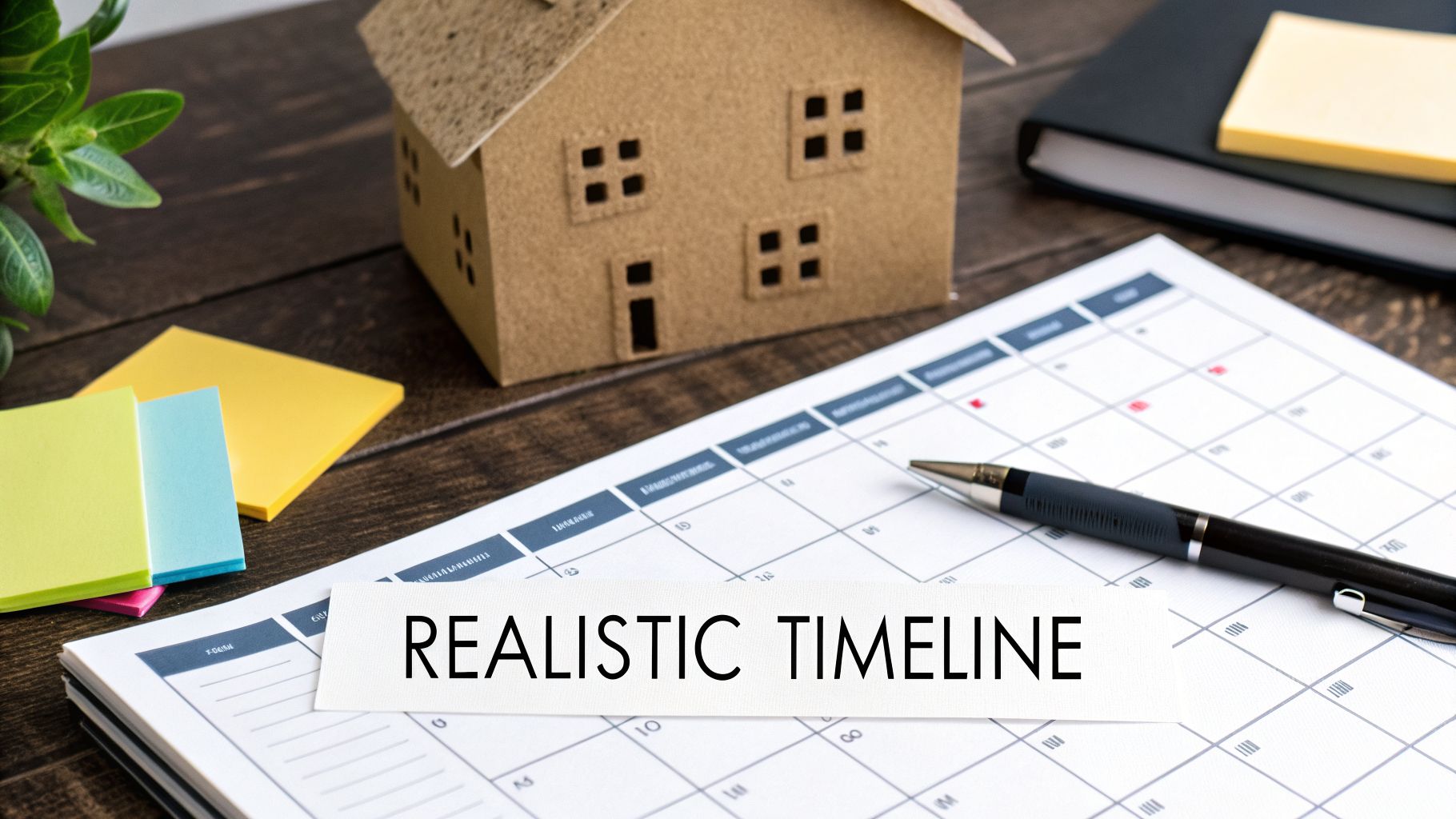 A desk with a house model, calendar, pen, and 'REALISTIC TIMELINE' note for home planning.
