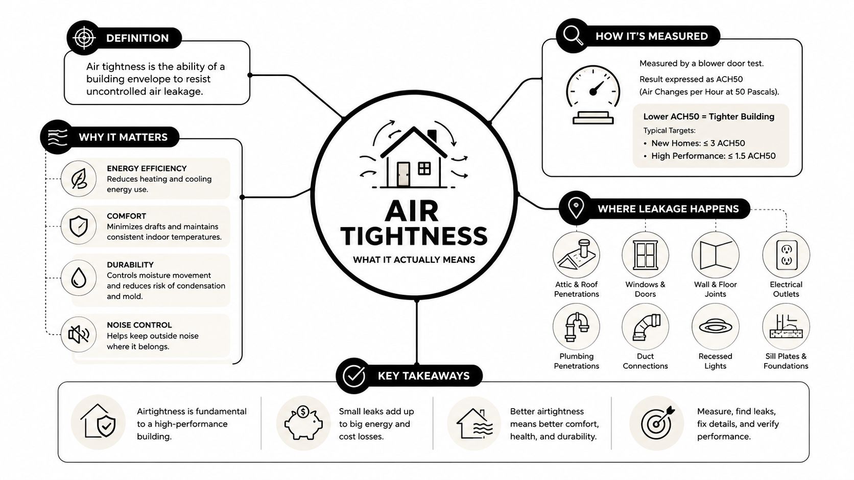 An educational infographic explaining the meaning, benefits, measurement, and common leakage points of residential air tightness.