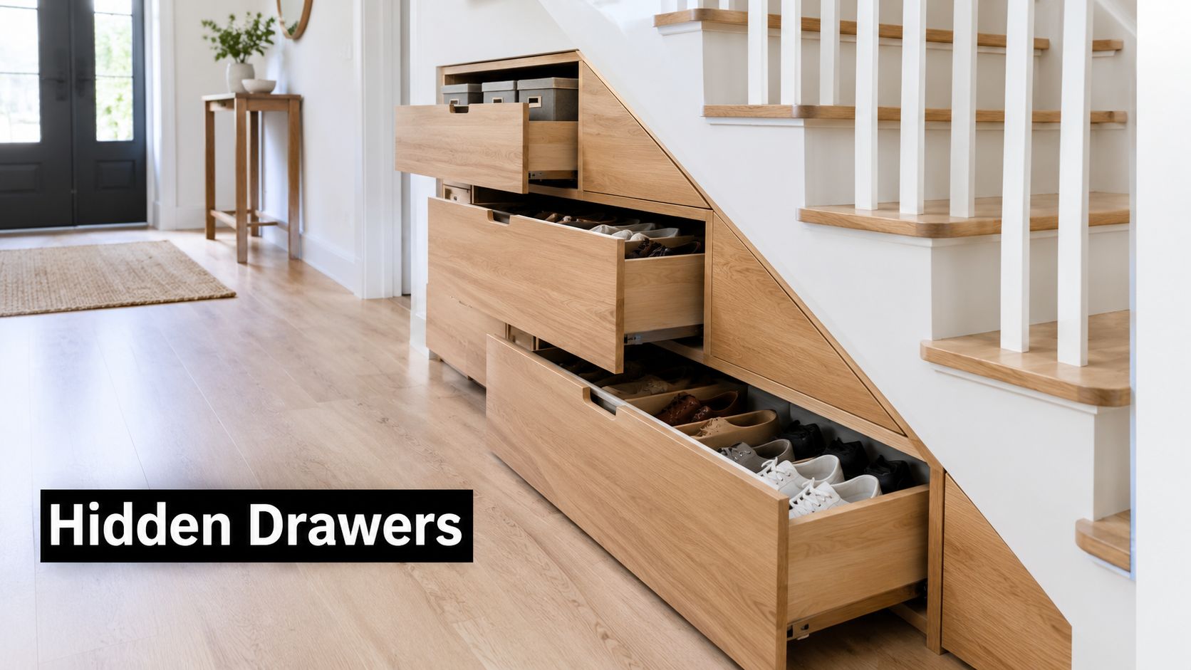 A modern staircase features bespoke light wood storage drawers installed seamlessly underneath to maximise hallway space efficiency.