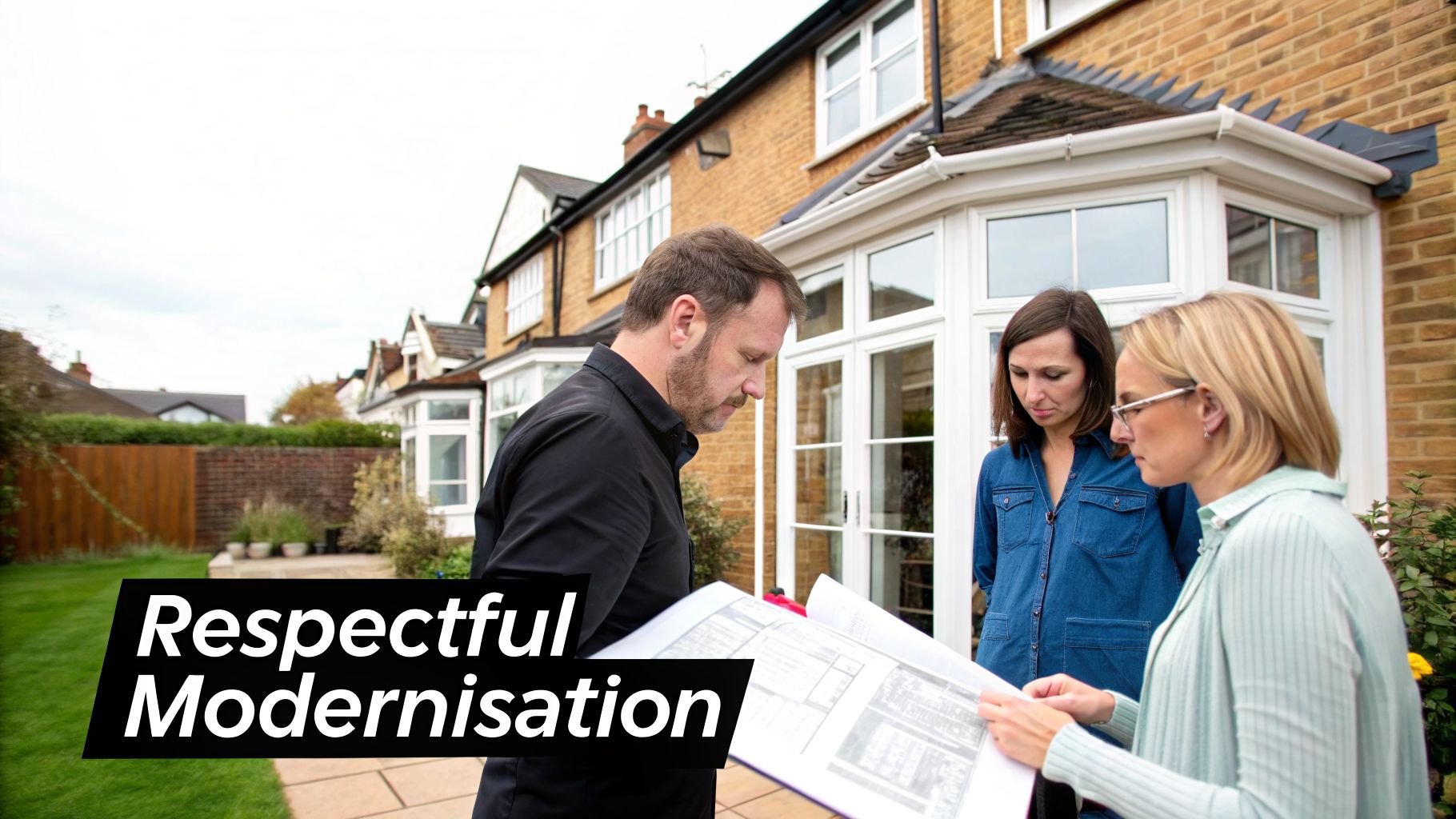 Three people, likely architects or clients, reviewing building plans outside a residential house for modernization.