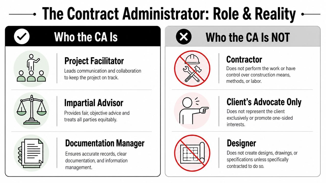 An infographic defining the role of a contract administrator, including responsibilities like facilitating projects and impartial advice.