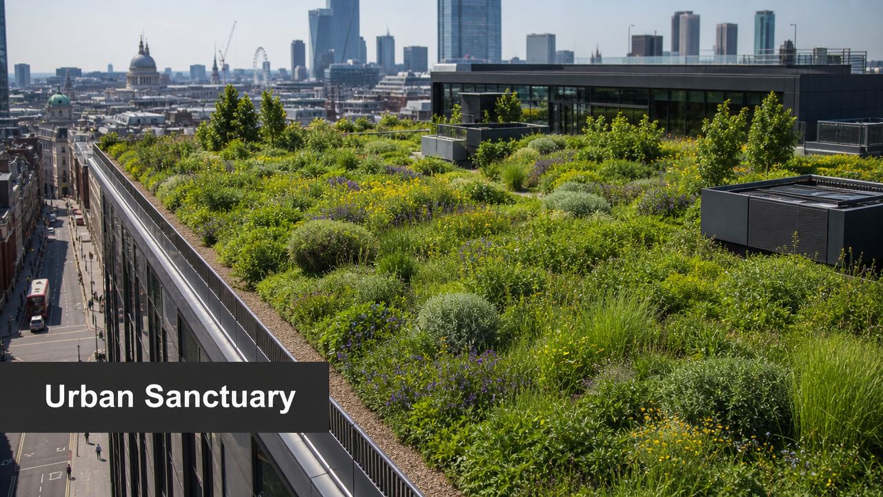 A lush rooftop garden featuring various plants and wildflowers overlooking a dense city skyline in London.