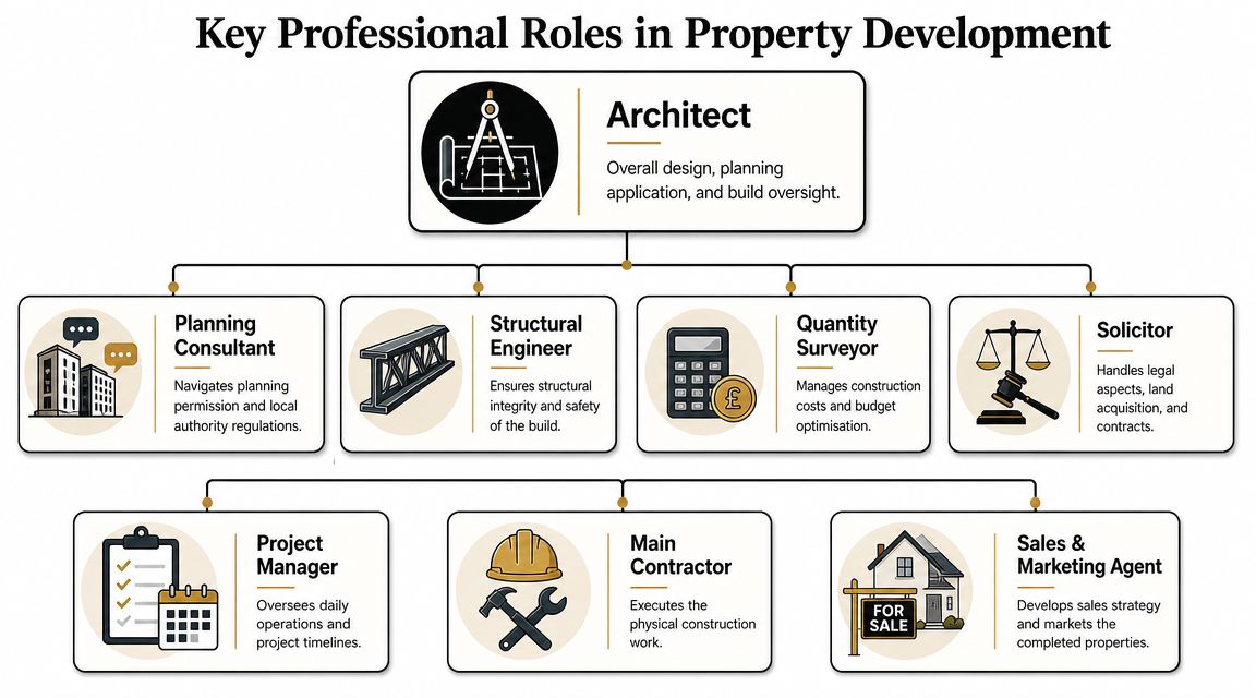 A diagram illustrating the key professional roles involved in property development, ranging from architects to contractors.