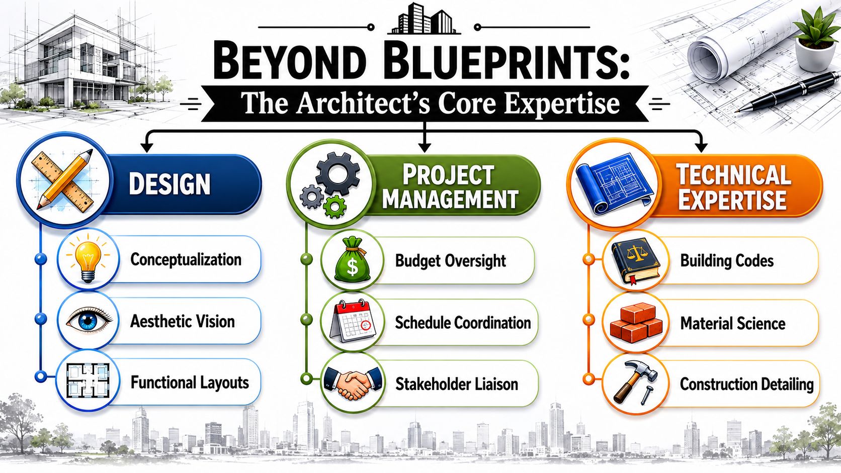 A professional infographic titled Beyond Blueprints illustrating the core expertise of architects including design, project management, and technical expertise.