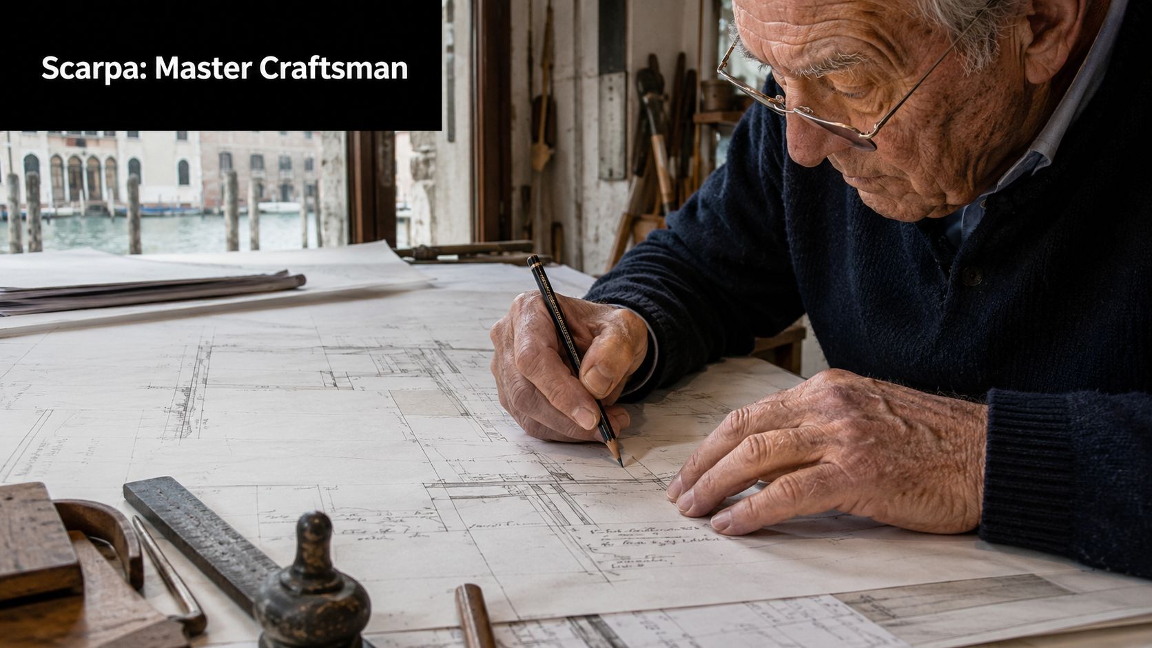 An elderly man focused on architectural drawing with a pencil on a detailed floor plan.
