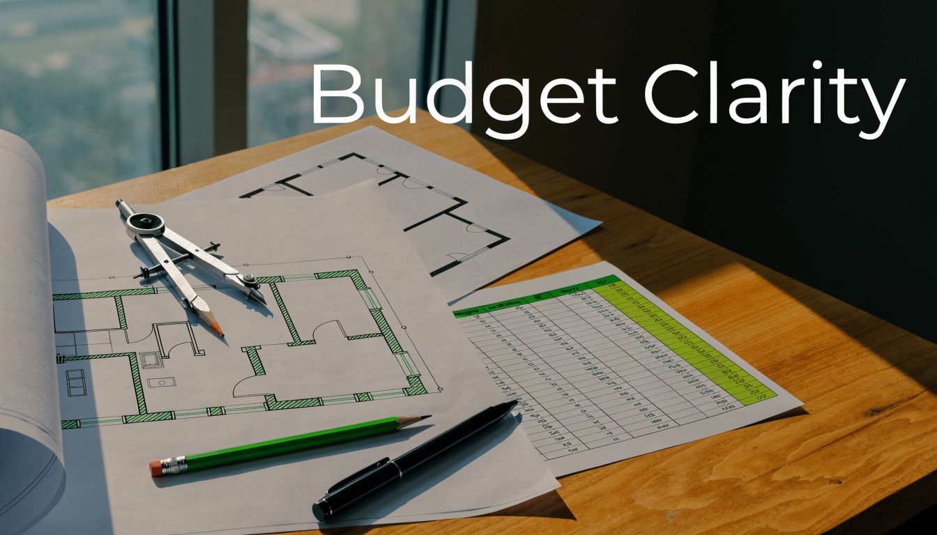 Architectural floor plans, drafting tools, and a budget spreadsheet on a wooden desk near a window.