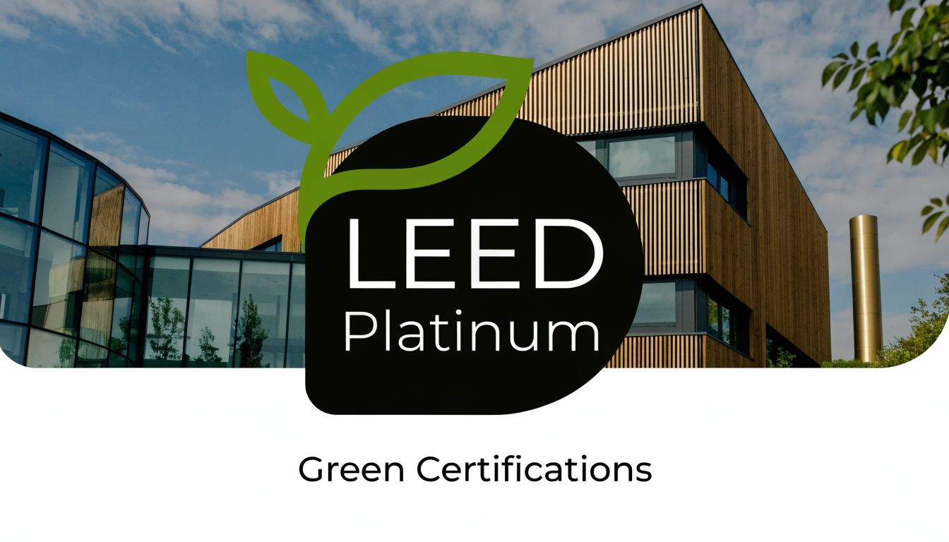 A modern, eco-friendly wooden building with a LEED Platinum certification seal prominently displayed in front.