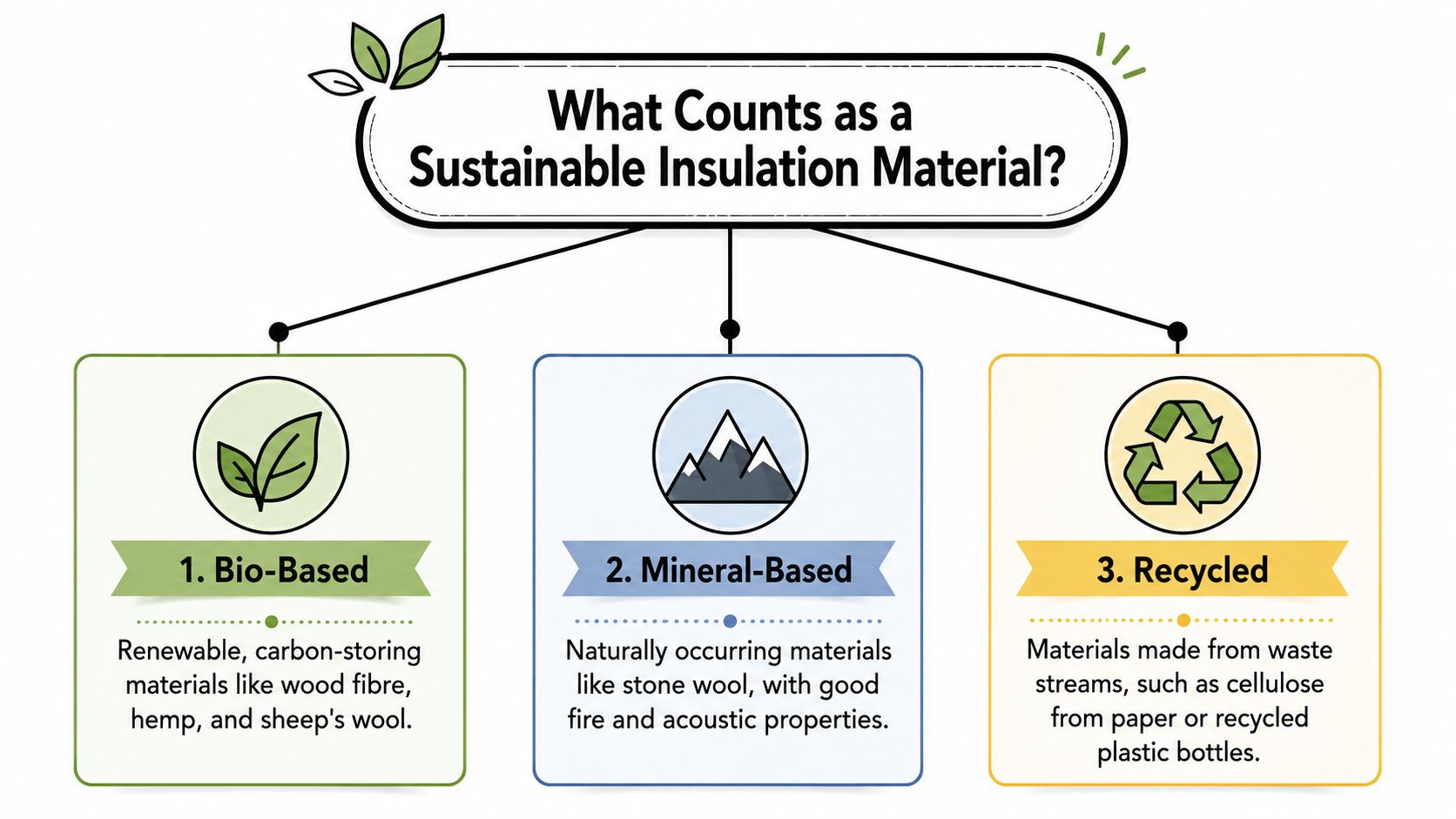An infographic showing the three categories of sustainable insulation materials: bio-based, mineral-based, and recycled.