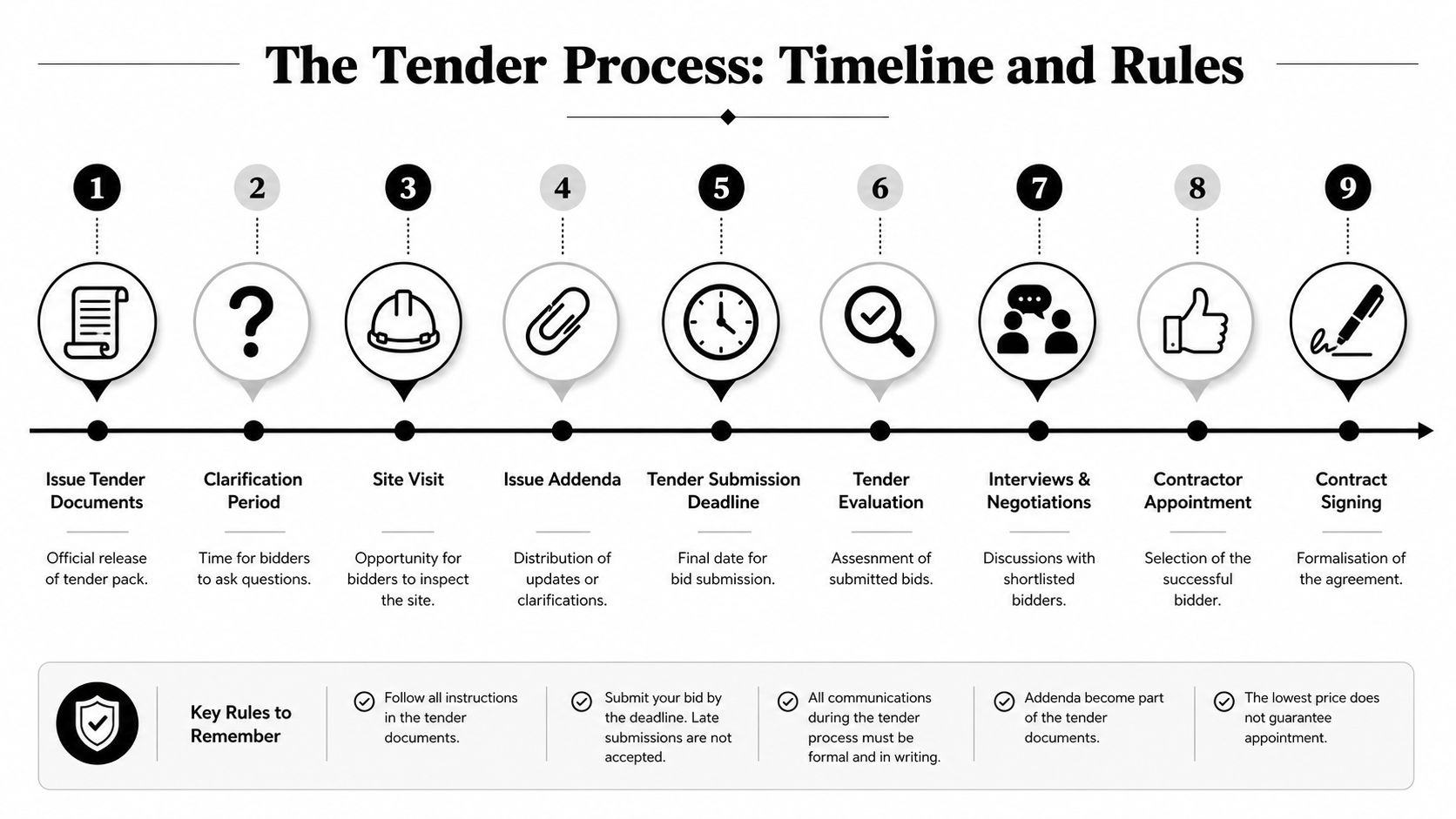 An infographic showing the nine stages of the tender process from document issuance to contract signing.