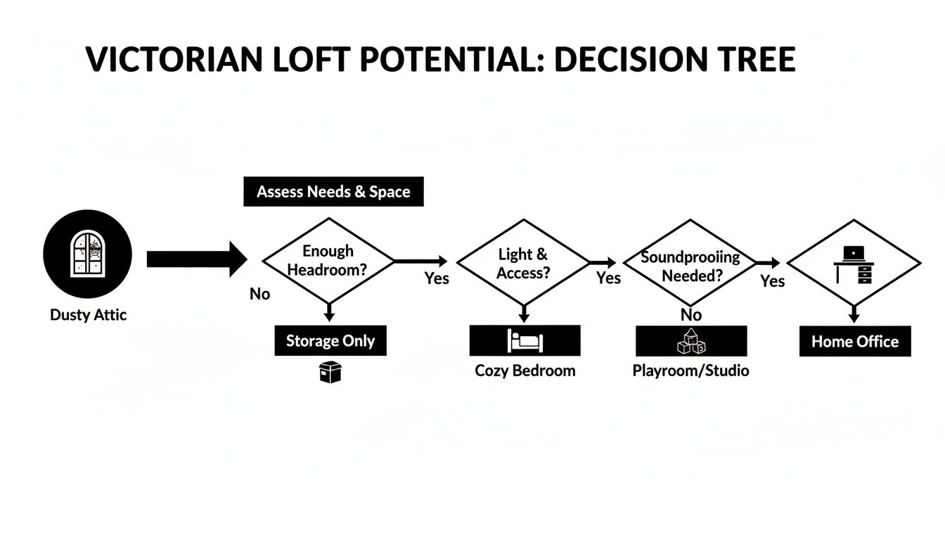 Decision tree outlining the potential uses for a Victorian attic based on headroom, light, and soundproofing.