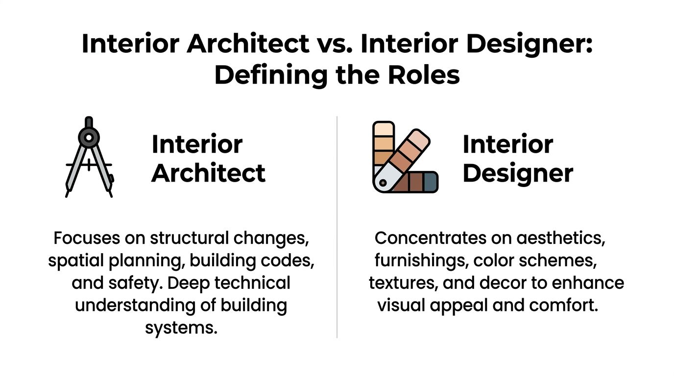 A comparative chart defining the roles and differences between an interior architect and an interior designer.