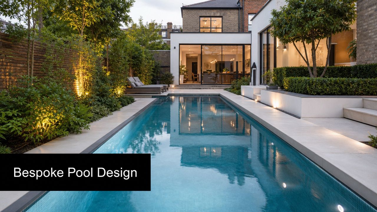 A modern garden featuring a rectangular swimming pool with integrated lighting and minimalist patio design in London.