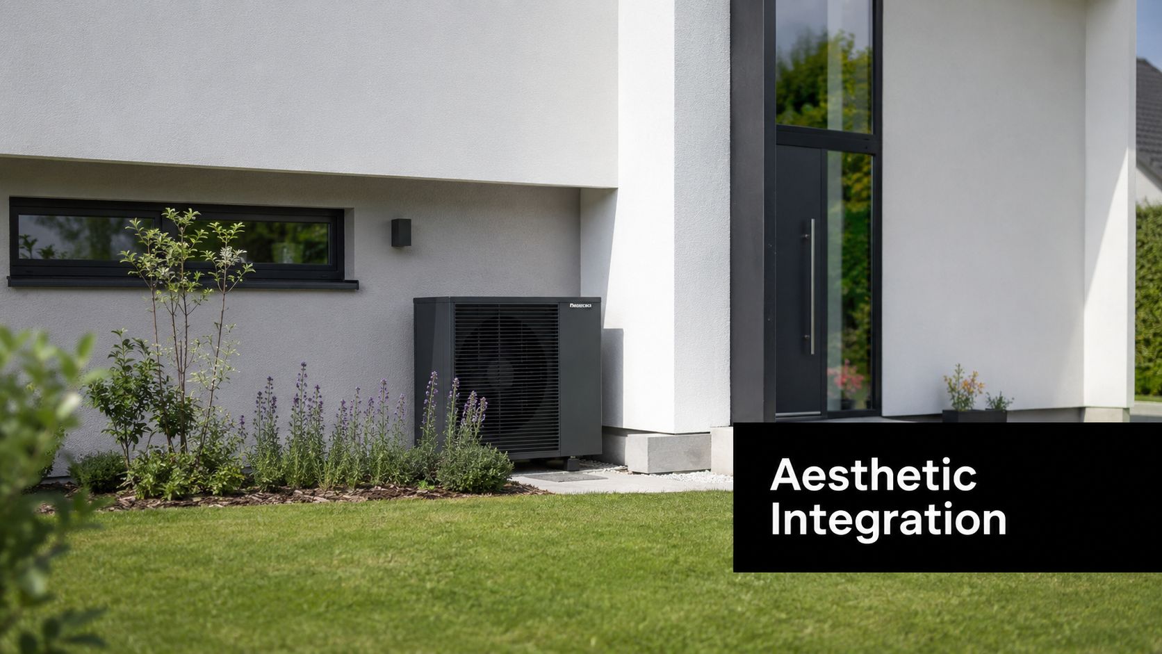 A modern outdoor air source heat pump unit installed seamlessly against the white exterior of a home.