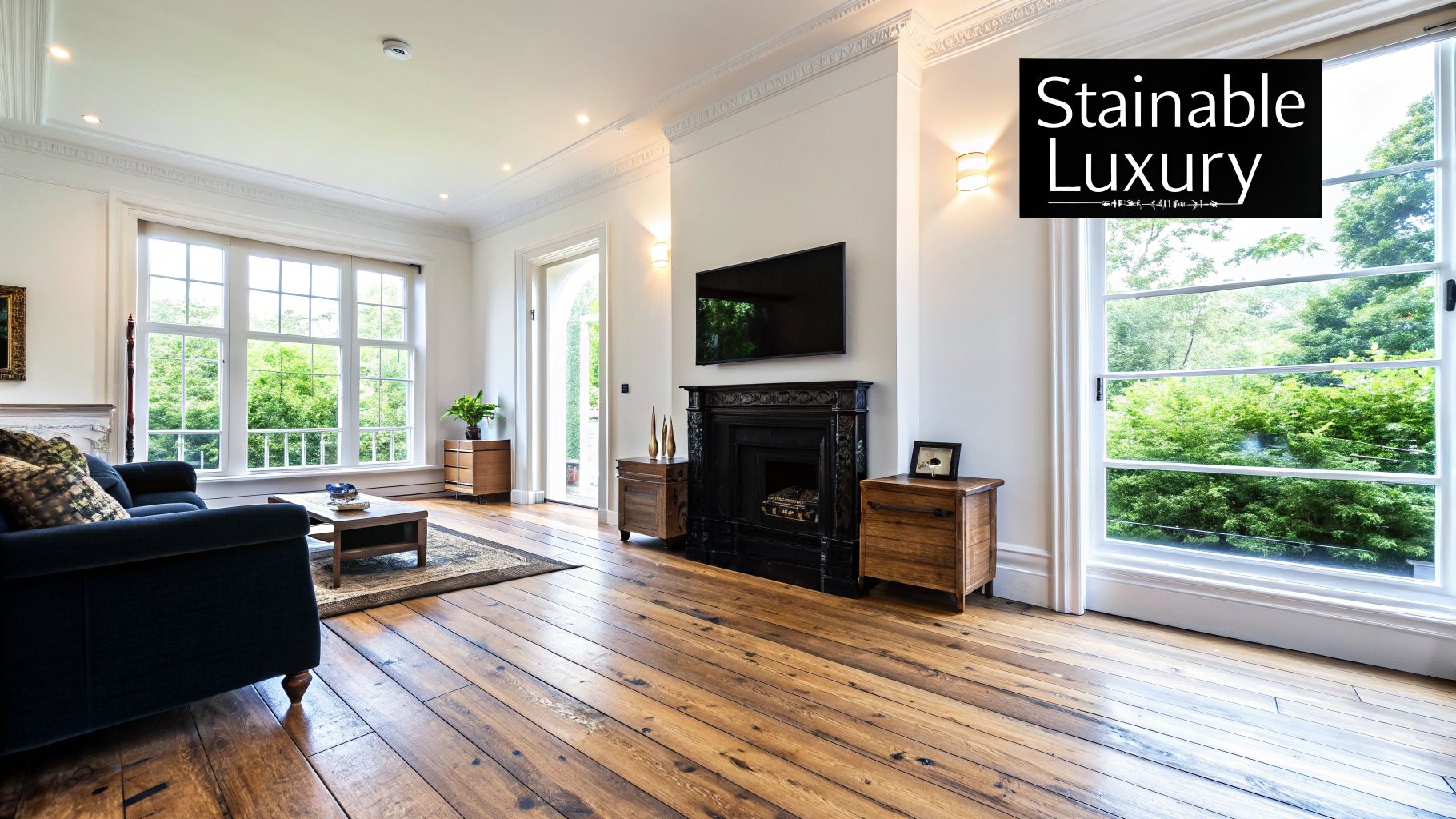 A bright, elegant living room featuring hardwood floors, a cozy fireplace, and large windows with garden views.