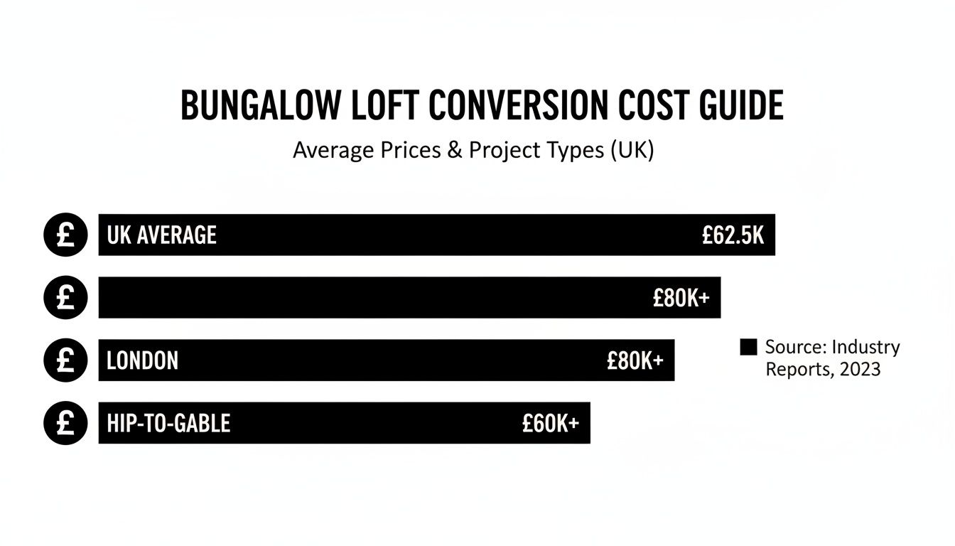 Infographic showing average bungalow loft conversion costs in the UK, London, and for hip-to-gable projects.