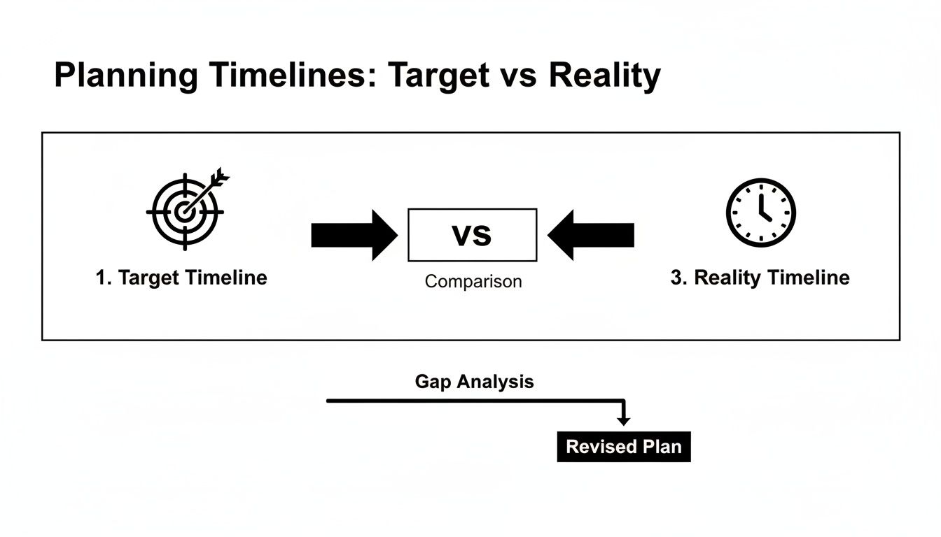 Diagram illustrating planning timelines, comparing target versus reality, leading to a gap analysis and revised plan.