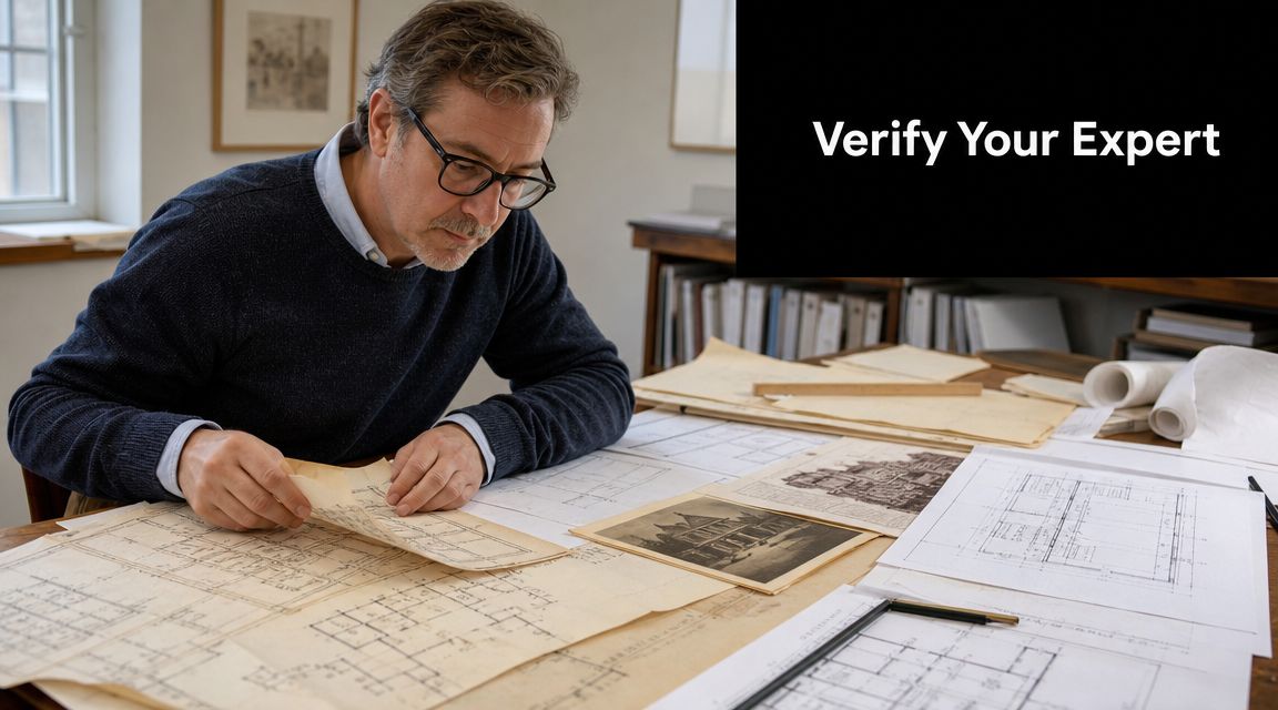 A professional conservation accredited architect examines vintage blueprints and historical sketches at a wooden desk.