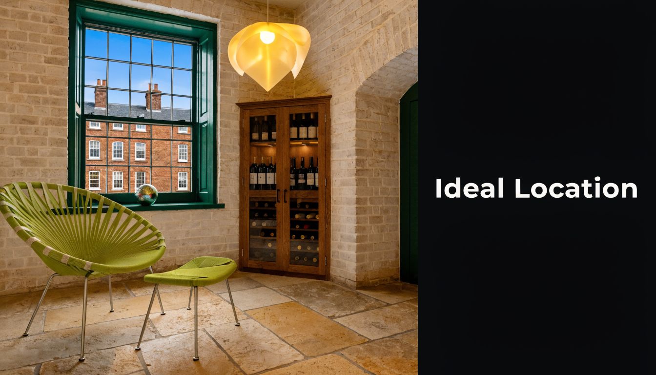 A modern lime green lounge chair and ottoman in a rustic brick wine cellar room