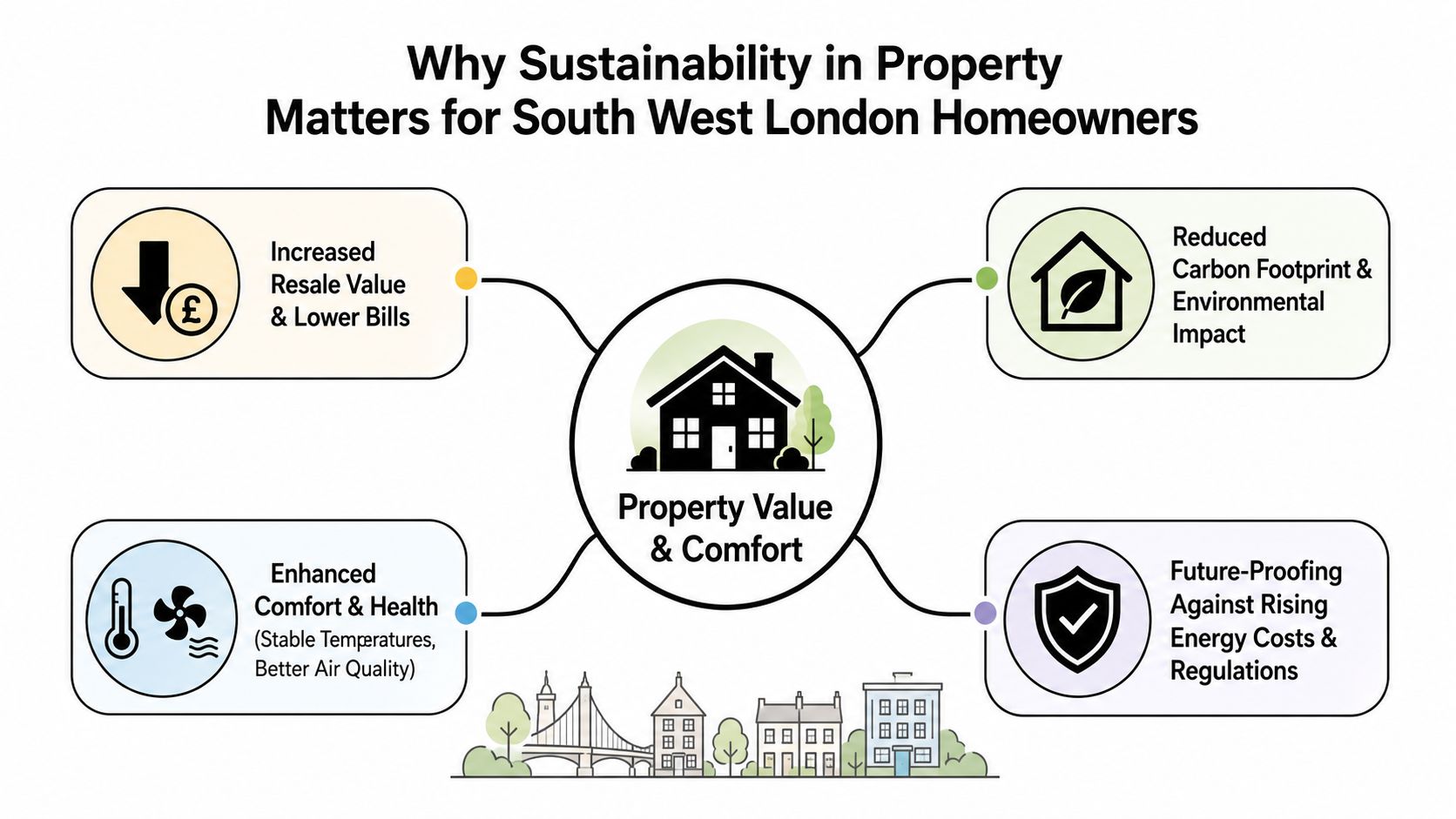 A diagram explaining the benefits of property sustainability for homeowners, including value, comfort, and environmental impact.