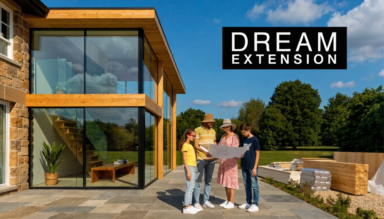 A family of four reviewing architectural plans in front of their modern glass and timber home extension.