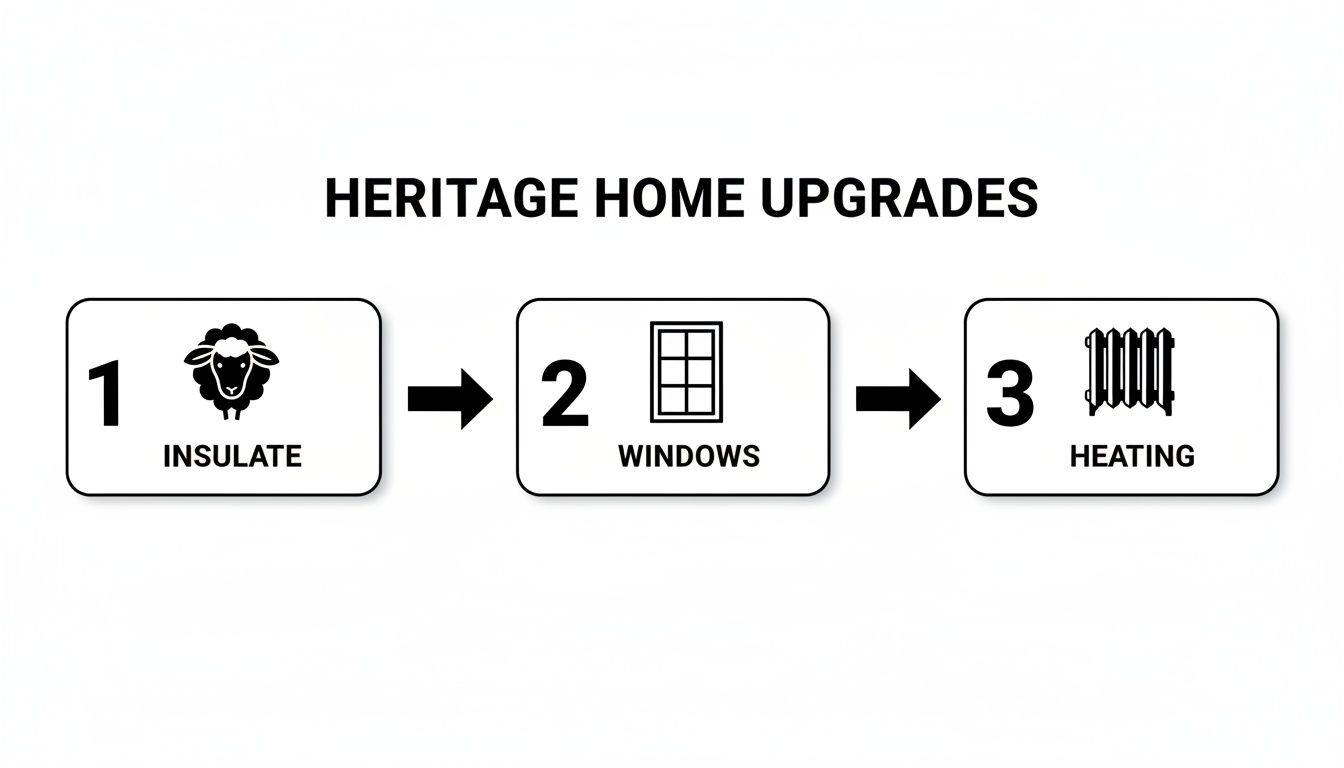 A diagram illustrating three sequential steps for heritage home upgrades: insulate, windows, and heating.
