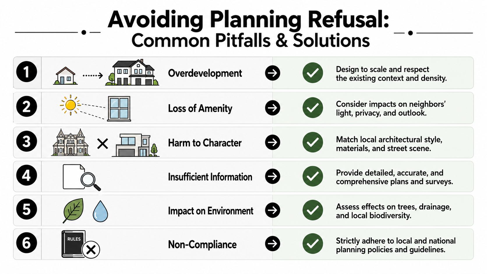 An infographic titled Avoiding Planning Refusal listing six common pitfalls like overdevelopment and non-compliance with their solutions.