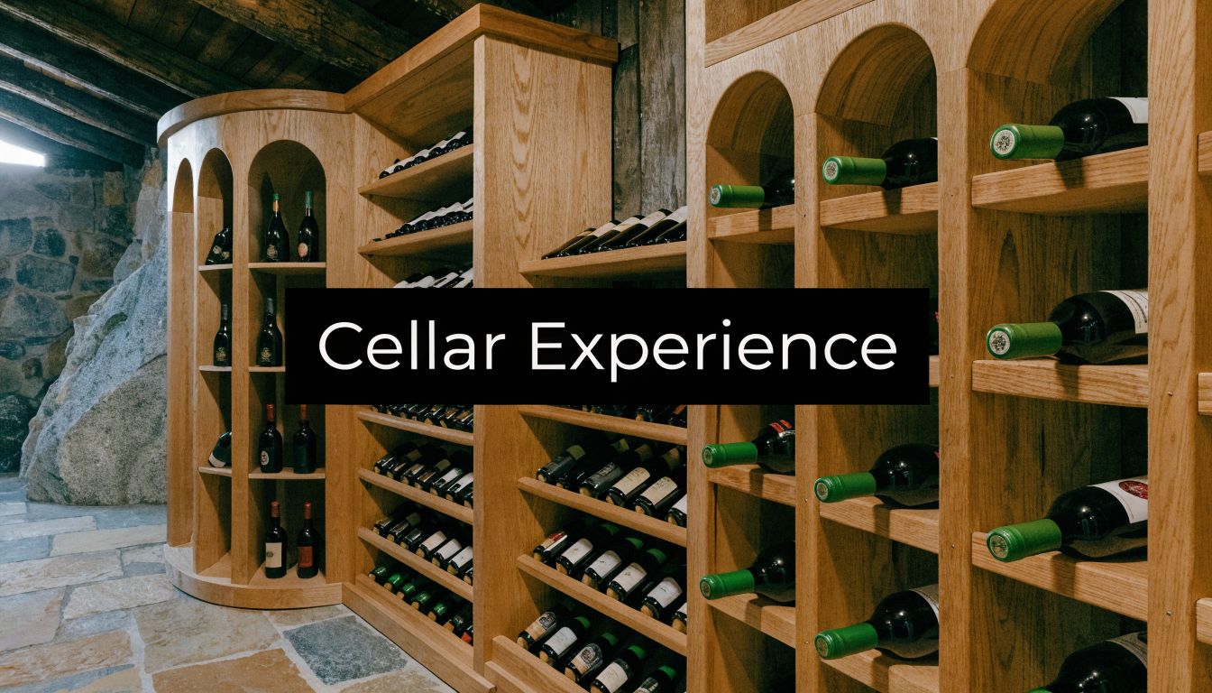 Wooden wine cellar shelving filled with various bottles of red and white wine in a stone room.
