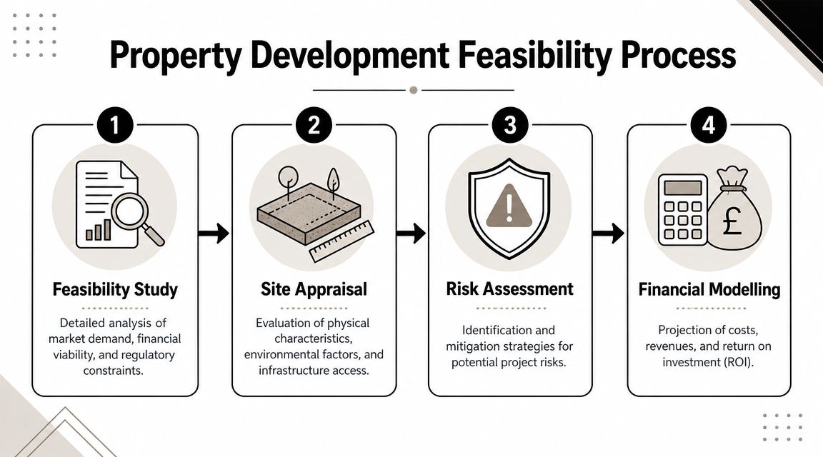 A four-step infographic illustrating the professional property development feasibility process with icons for each stage.