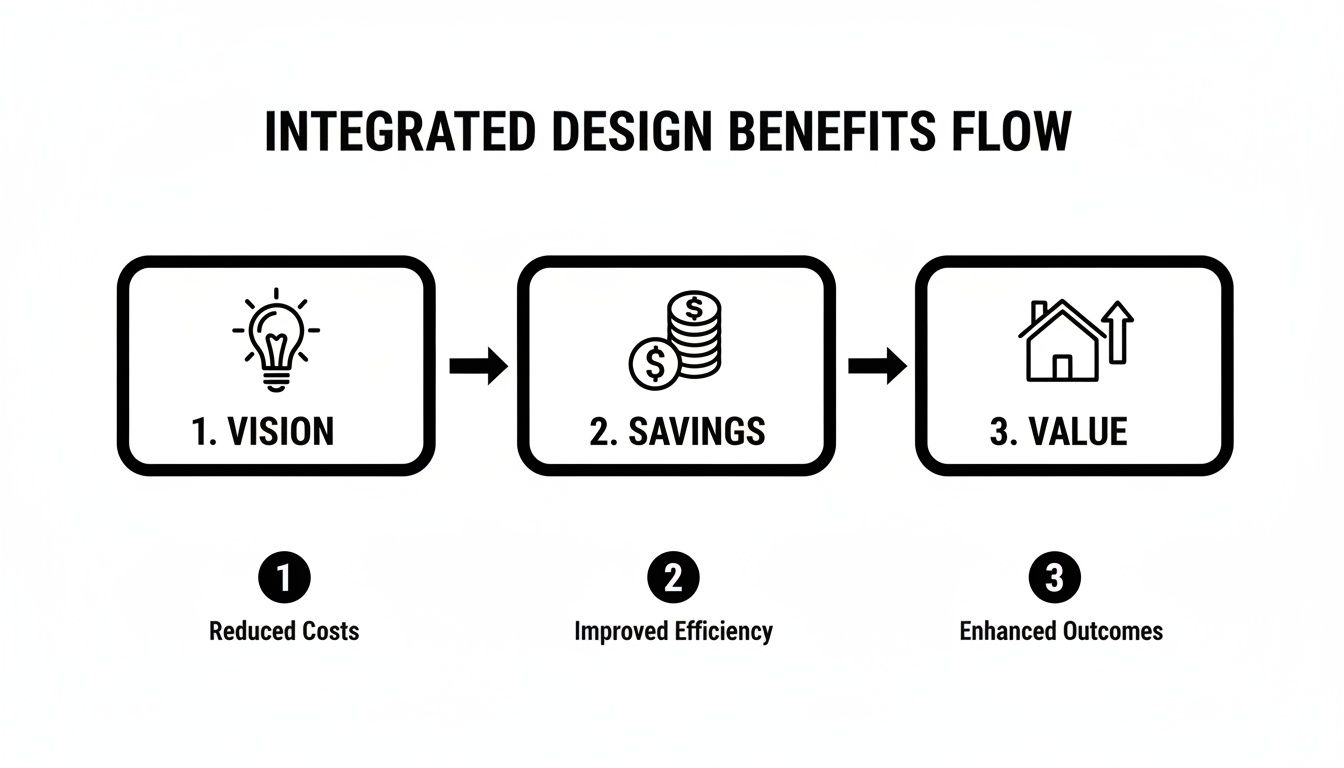 Flowchart showing integrated design benefits from vision to value, including reduced costs and improved efficiency.