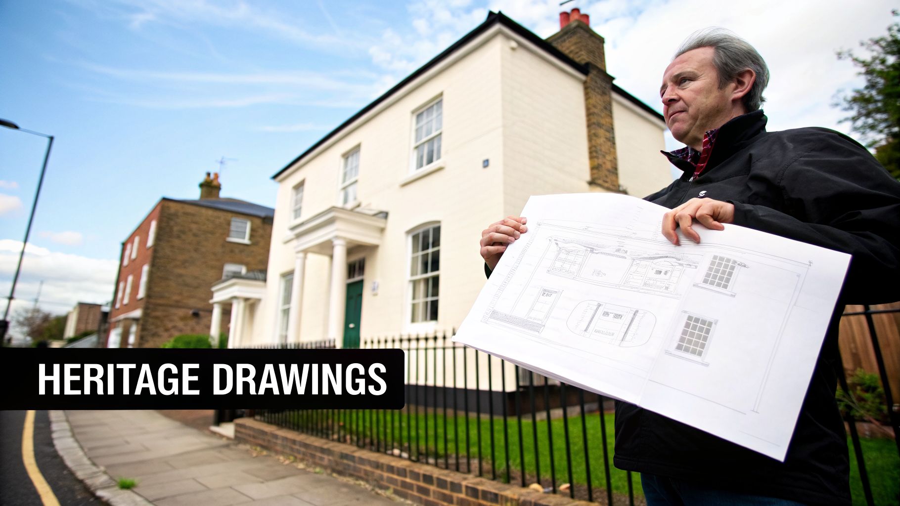 An architect reviews heritage planning application drawings outside a classic period home.