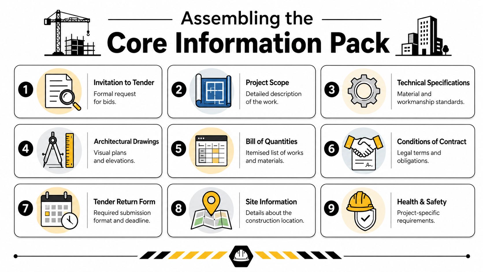 An infographic titled Assembling the Core Information Pack displaying nine essential construction tender document components.