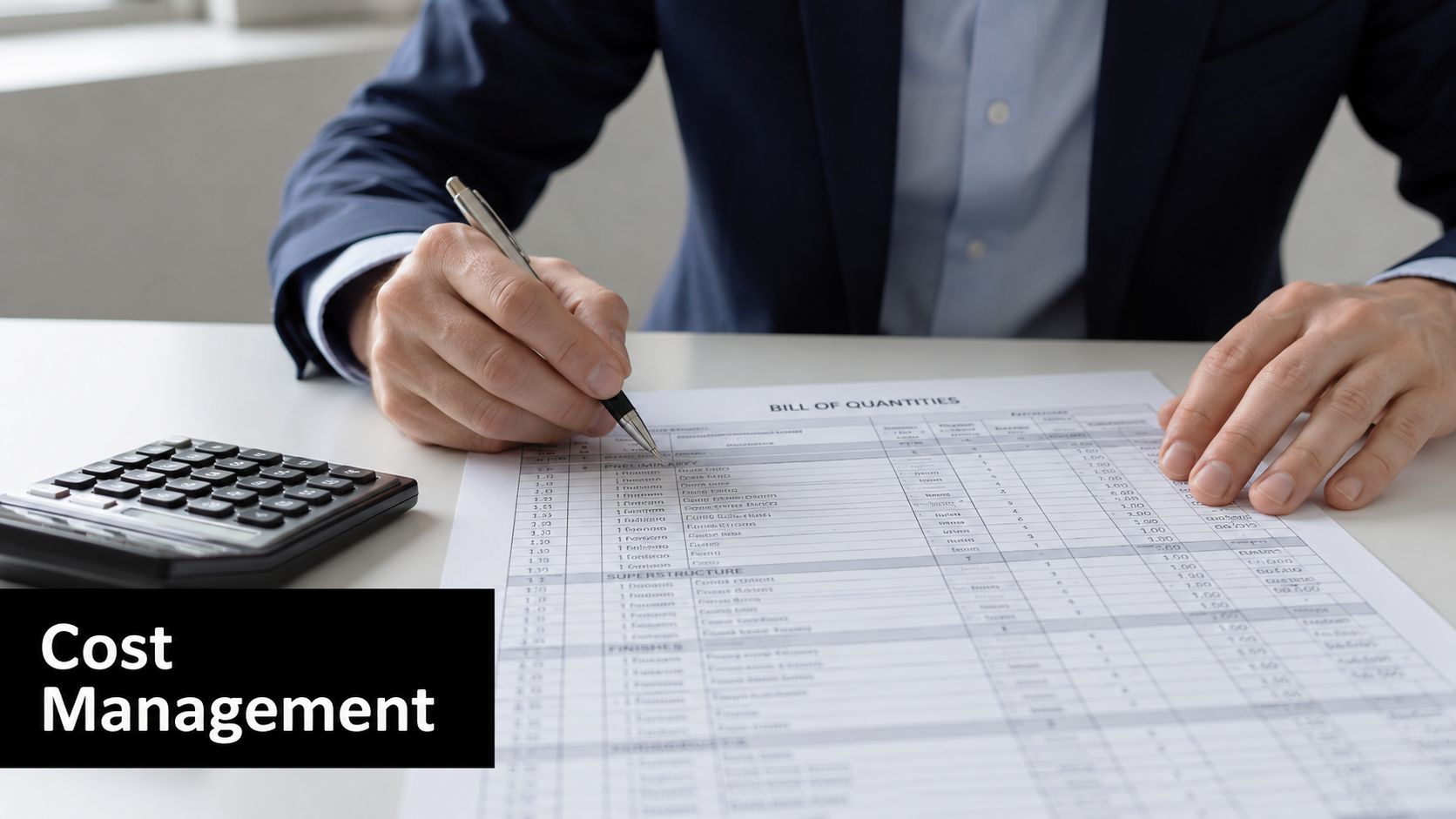 A professional in a business suit reviews and calculates costs using a bill of quantities document.