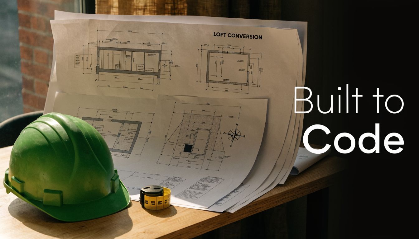 A green construction hard hat and yellow tape measure sitting on architectural blueprints for a loft conversion.