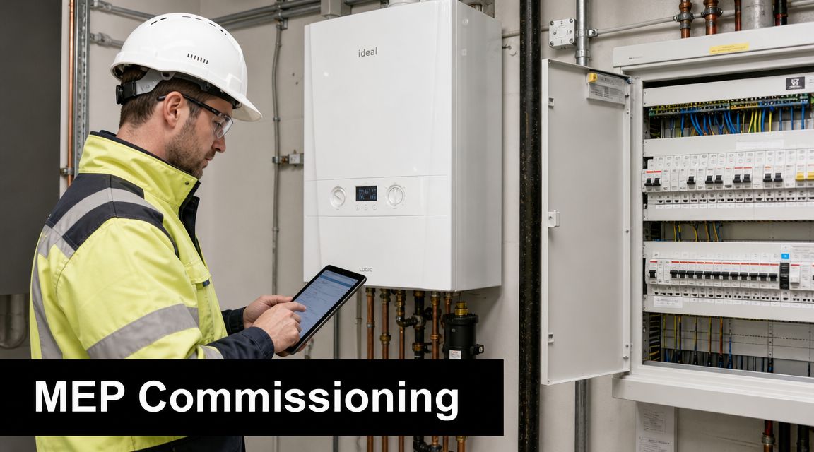 A professional technician in high-visibility clothing inspecting an HVAC boiler unit while checking a digital tablet.