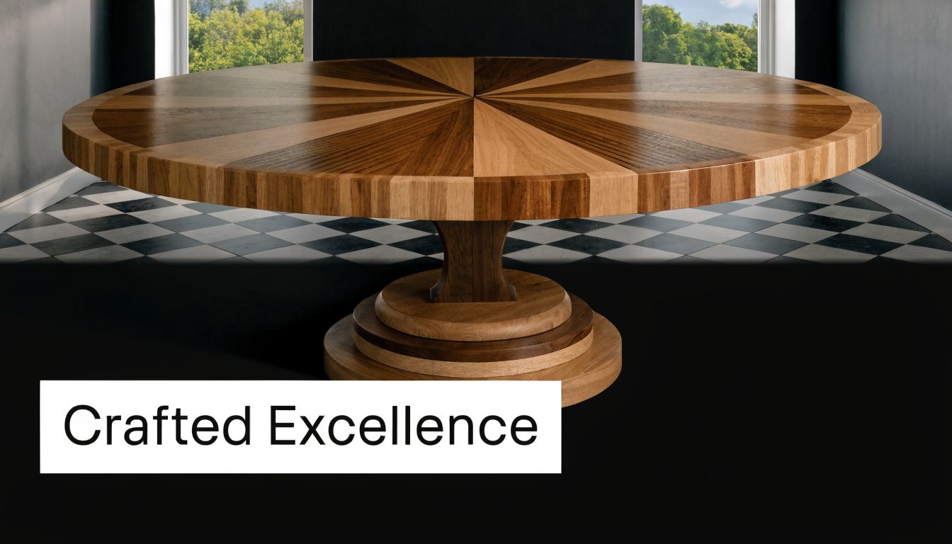 A sophisticated round wooden dining table featuring a sunburst veneer pattern and a sturdy pedestal base.