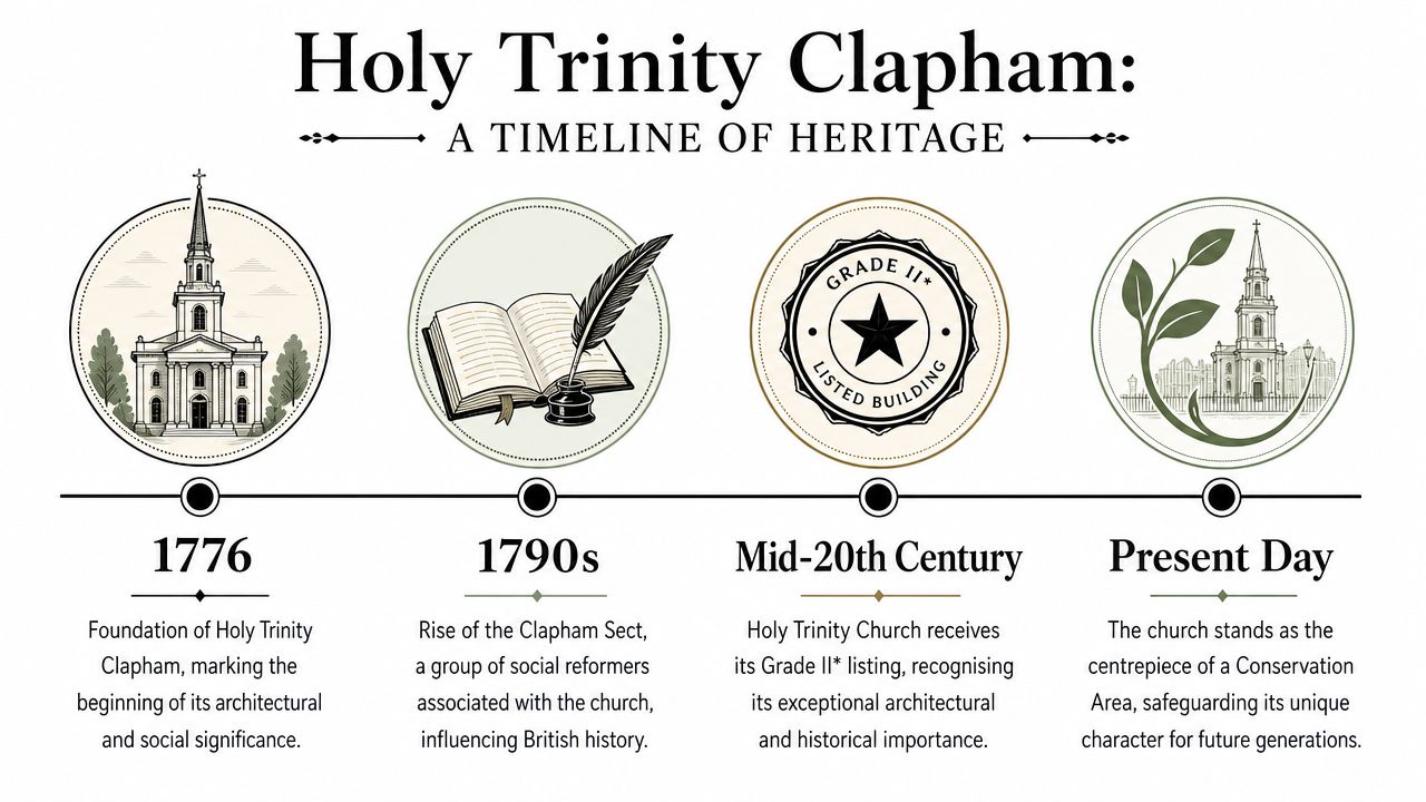 A historical timeline infographic depicting the heritage and significance of Holy Trinity Clapham church.