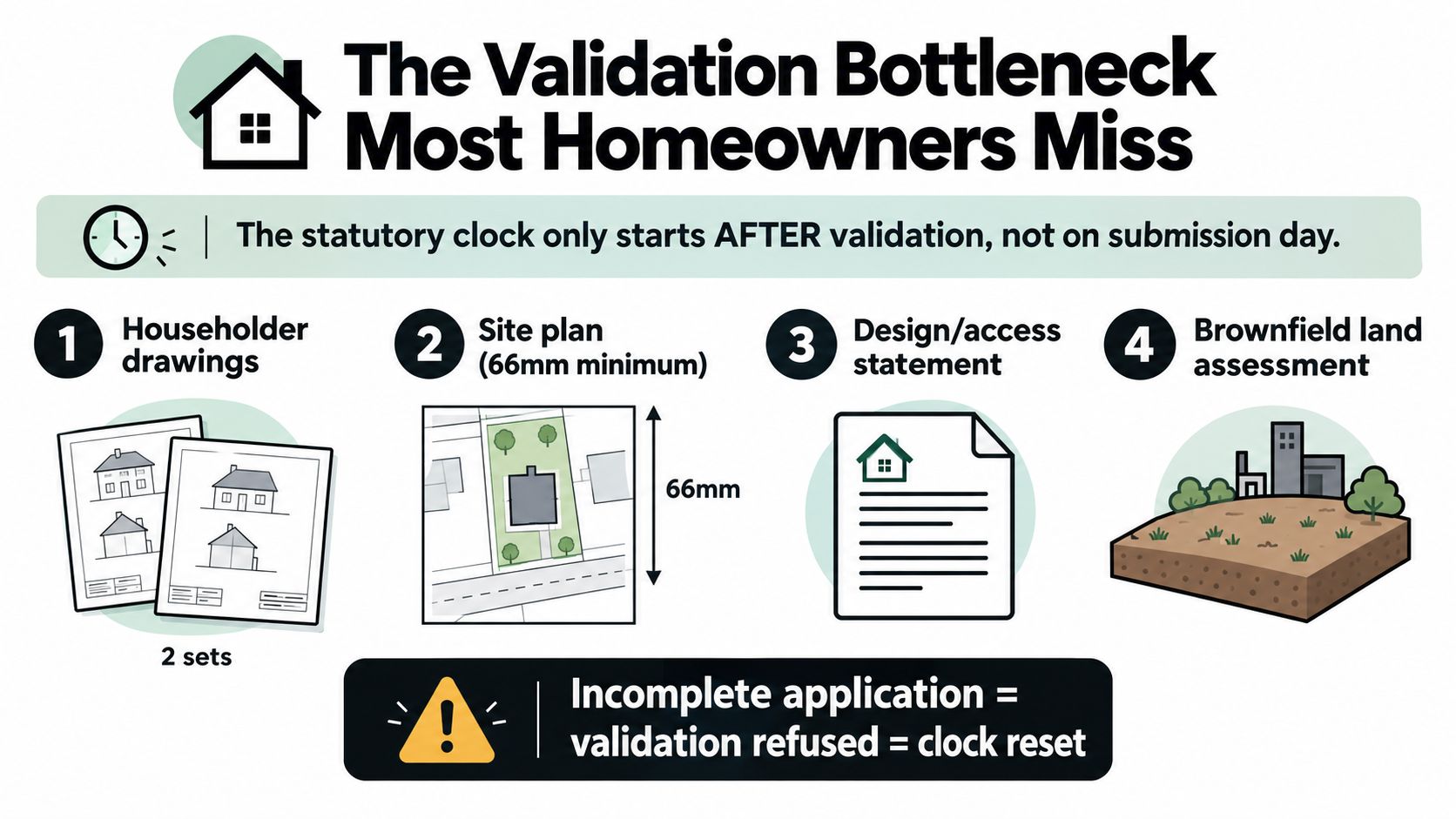 An infographic showing the four key components needed to ensure a home planning application is validated.