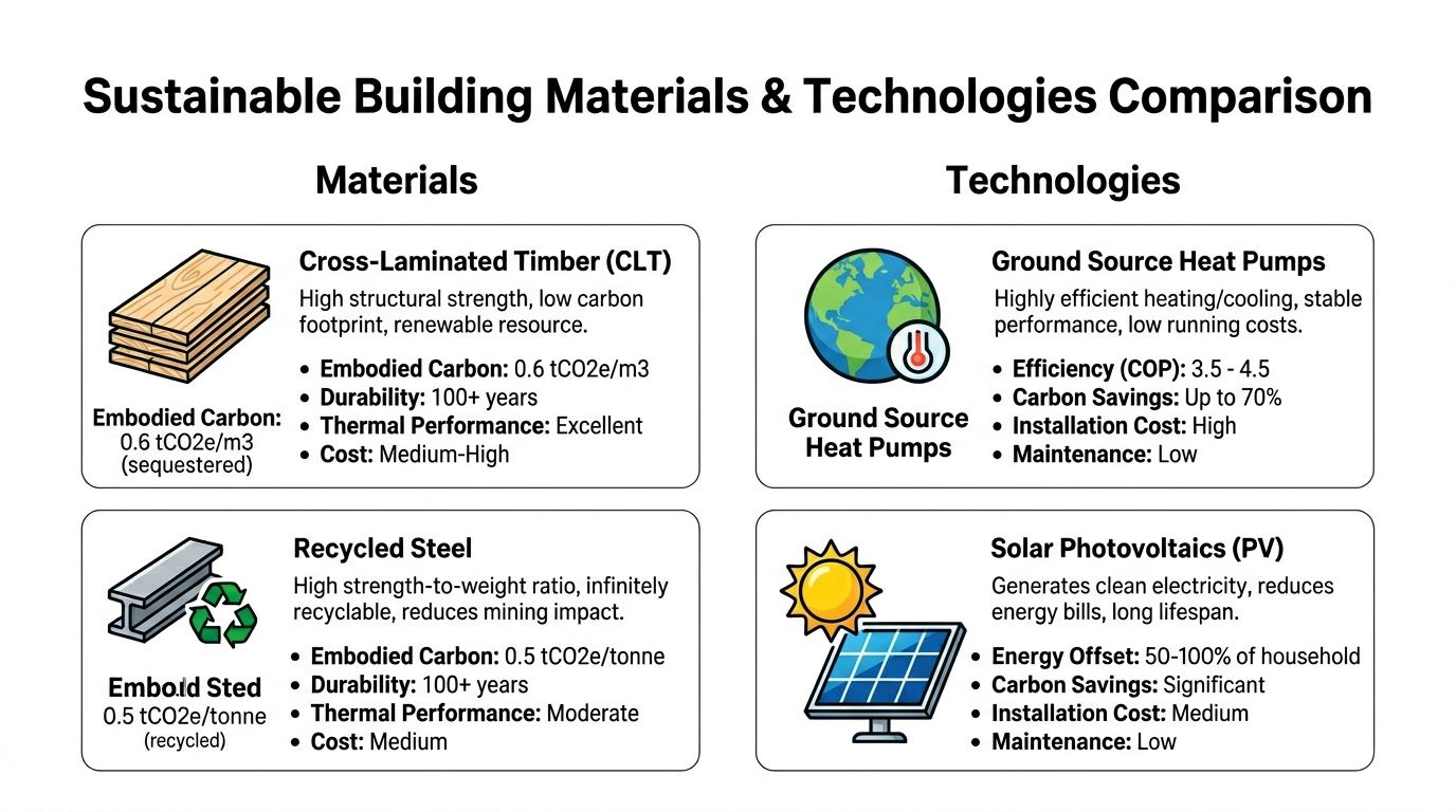 A comparison chart showing sustainable building materials like CLT and recycled steel alongside green technologies.