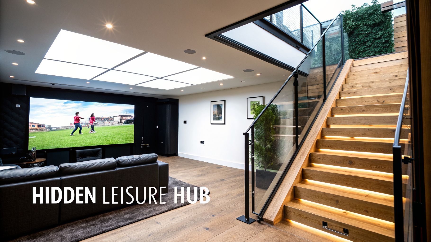 A luxurious home theater and leisure room featuring a large screen, comfortable sofa, and a lit wooden staircase.